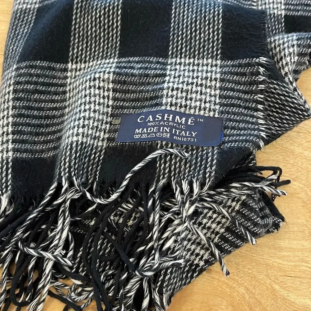 Cashme Made In Italy Unisex Plaid 100% Acrylic Fringe Scarf Black &‎ White OS